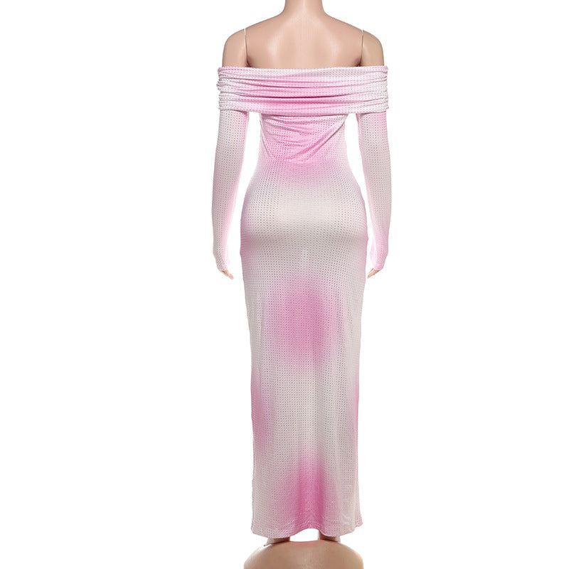 Women Elegant Shiny Gradient Off Shoulder Bodycon Dress 6