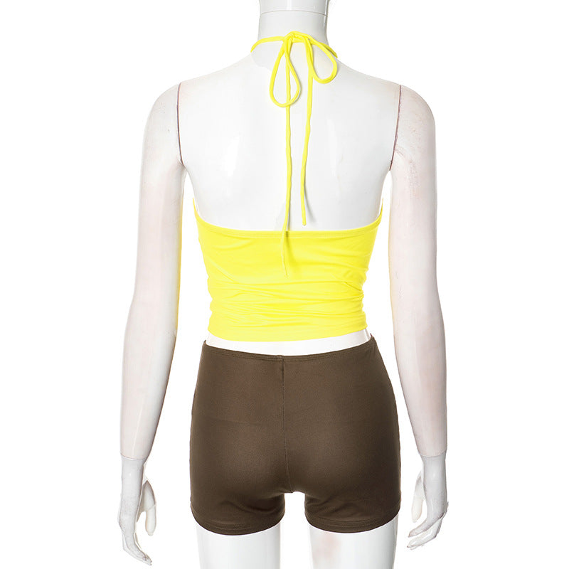 Spring Summer Women's Ring Halter Neck Multi-Color Low Back Vest Bodycon Holiday Shorts Two Piece Set 10