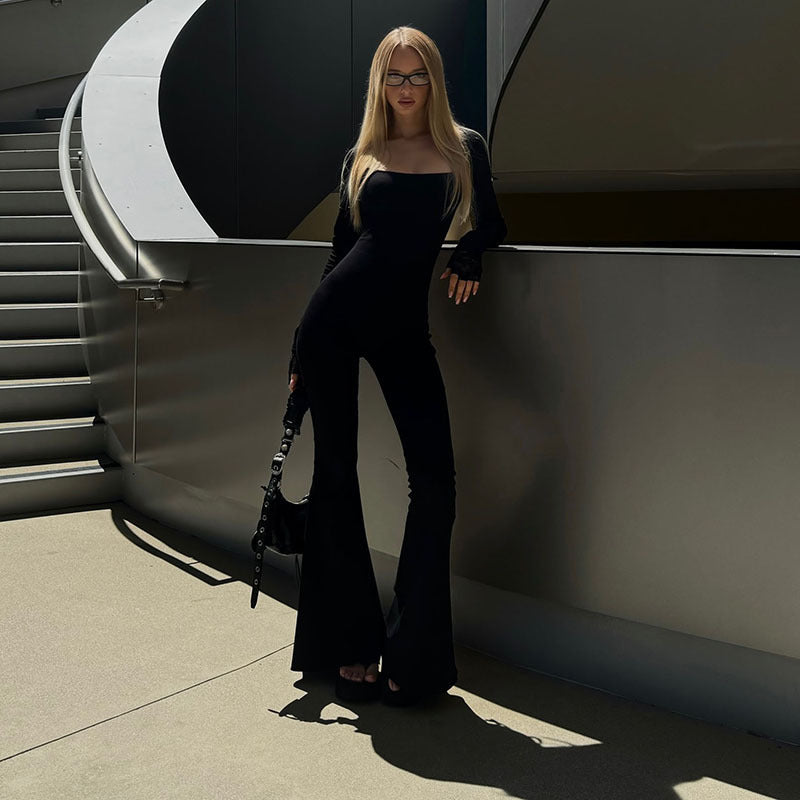 Autumn Summer Fashion Square Neck Low Back Flared Tight Fitting Women Jumpsuit 3