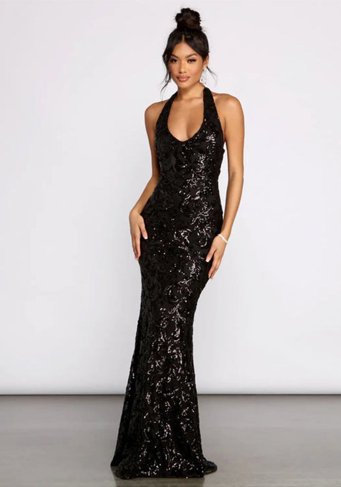 Women's Sexy Halter Neck Sequin Dress Fashion Long Gown