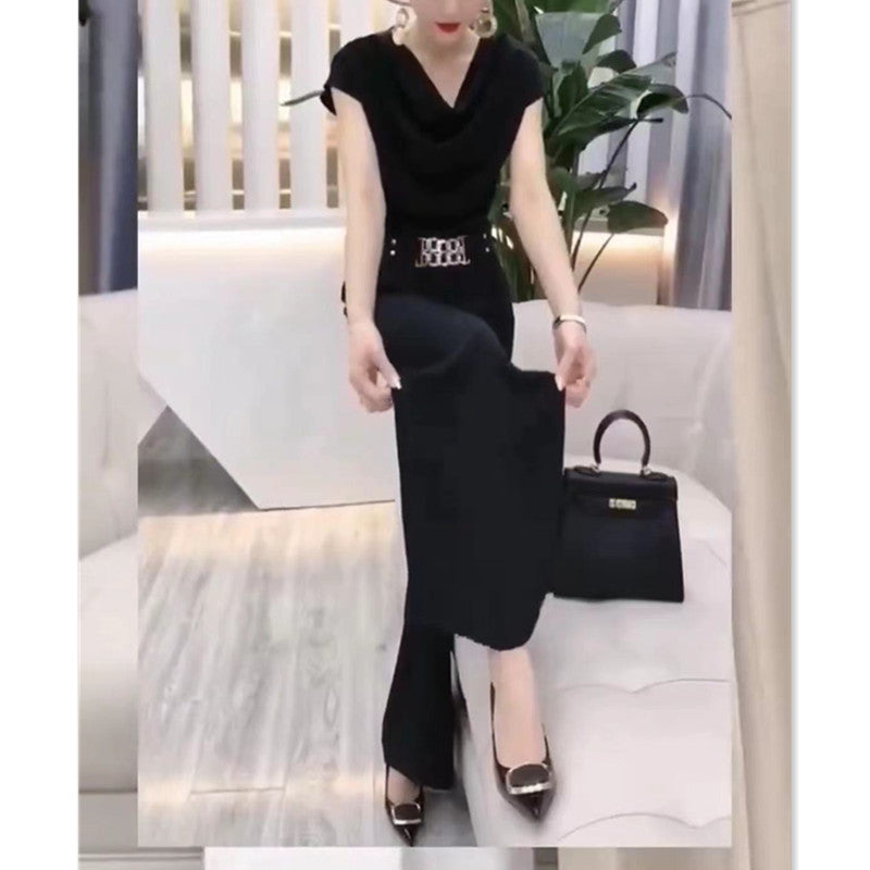 Fashion Suit Pile Collar Slim Fit Small Shirt + Wide Leg Pants Set 16