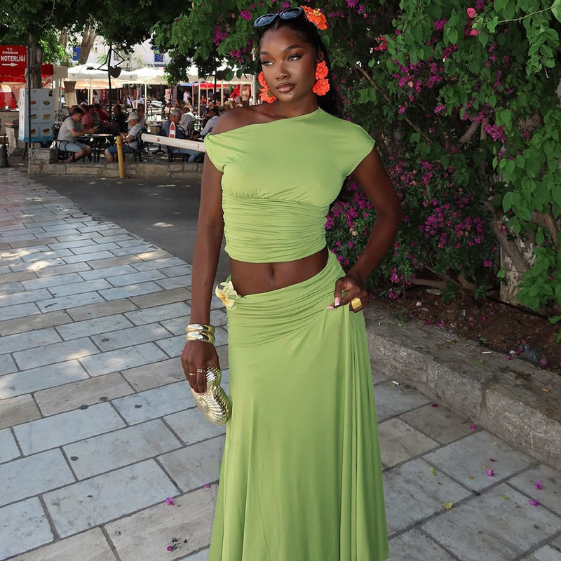 Solid Color Casual Pleated One-Shoulder Slash Shoulder Crop Top Long Skirt Two-Piece Women's Set 4