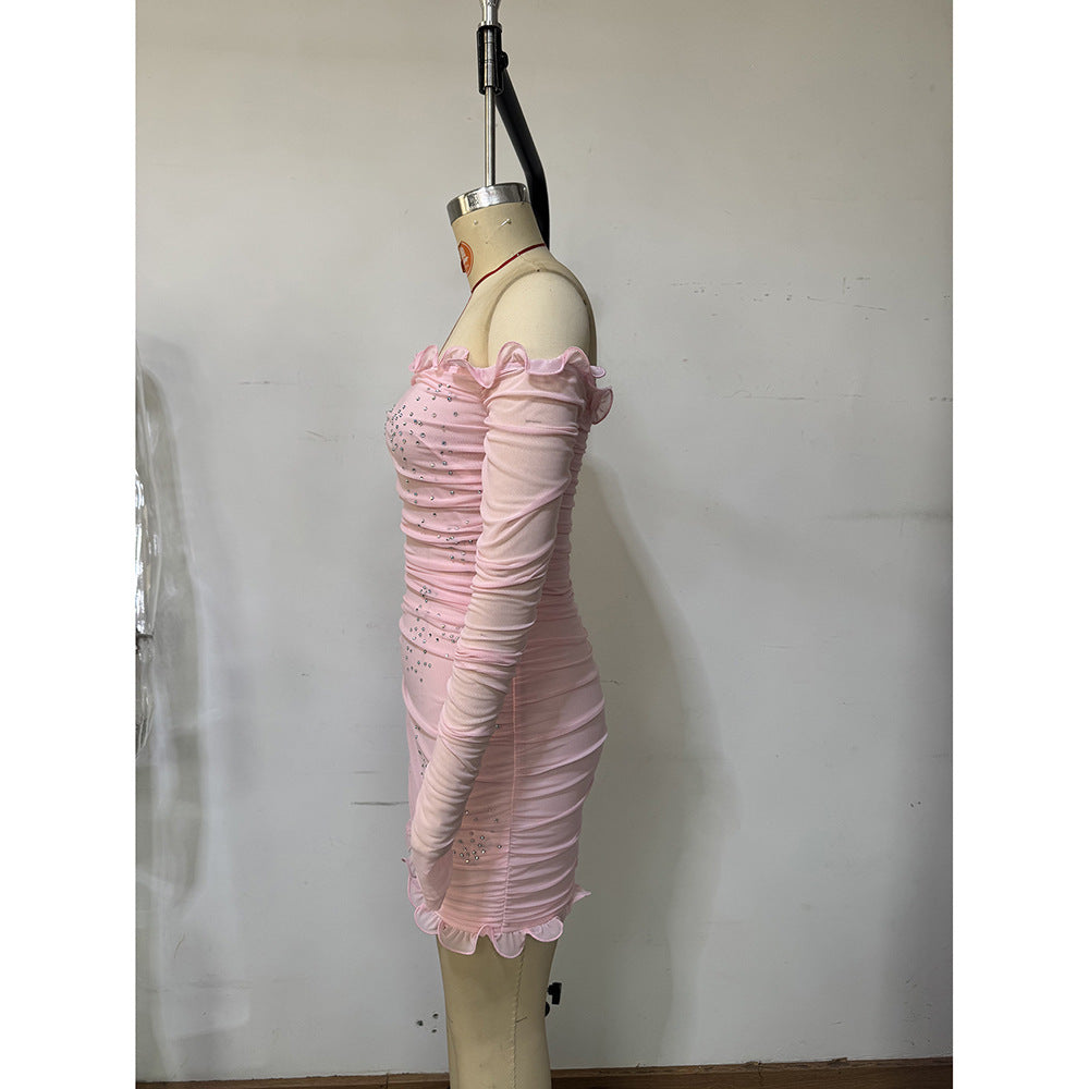 Women's Off Shoulder Fashion Sexy Long Sleeve Beaded Slim Short Dress 8