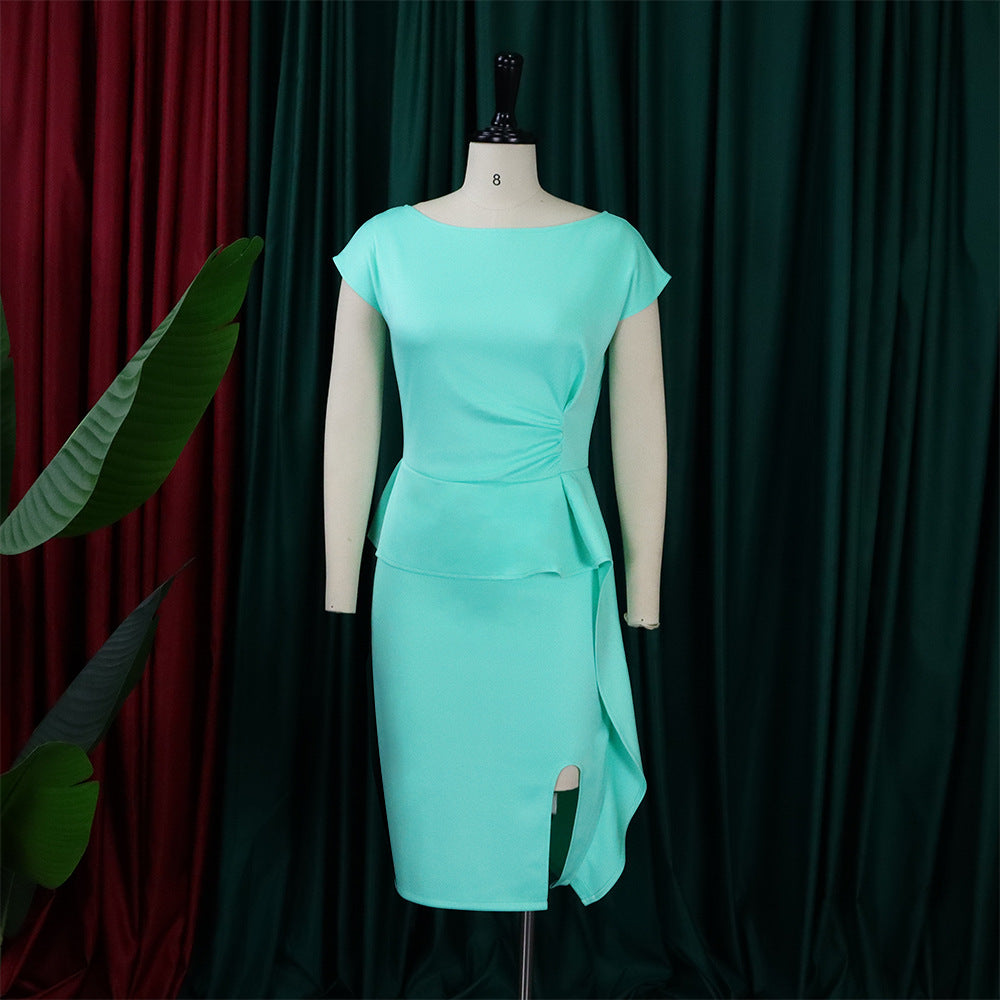 Women Summer Solid Pleated Ruffle Slit Bodycon Dress 9