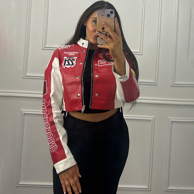 Women autumn and winter sexy American retro printed long-sleeved Crop baseball jacket 7