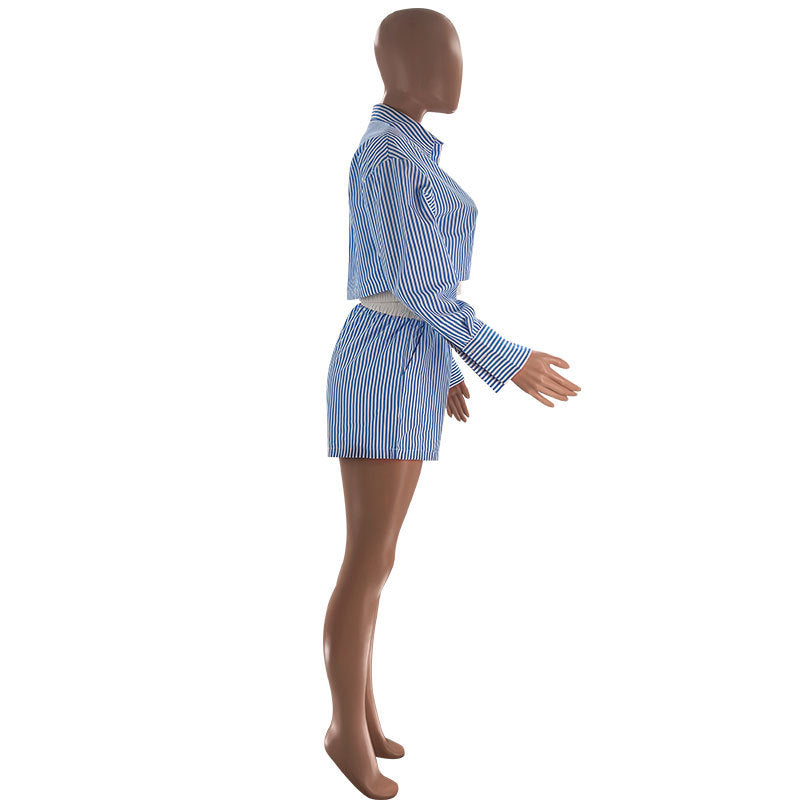 Fashion Casual Women Summer Striped Long Sleeve Shirt Elastic Waist Shorts Two-Piece Set 10