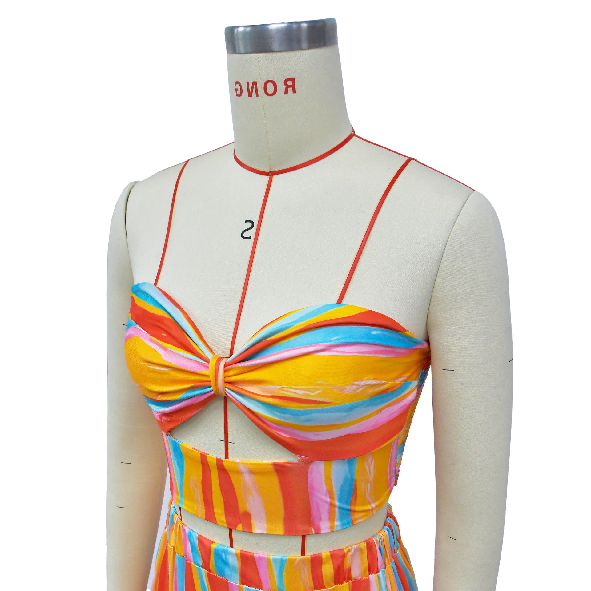 Ladies Fashion Striped Print Strapless Top Long Skirt Two-Piece Set 13