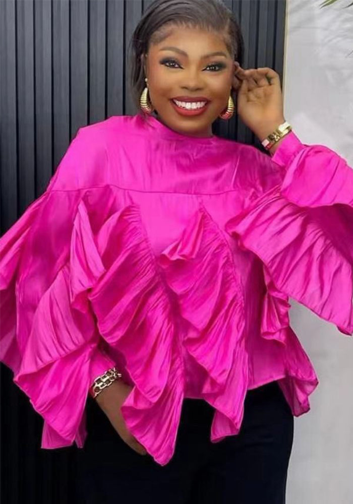 Irregular Ruffled Long-Sleeve Chiffon Blouse Autumn Loose Shirt