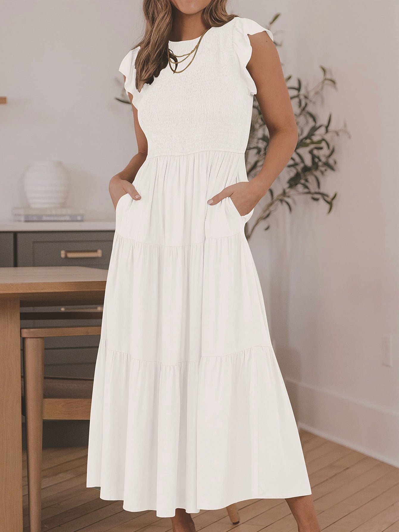 Solid Color Pleated Waist Casual Midi Dress 7