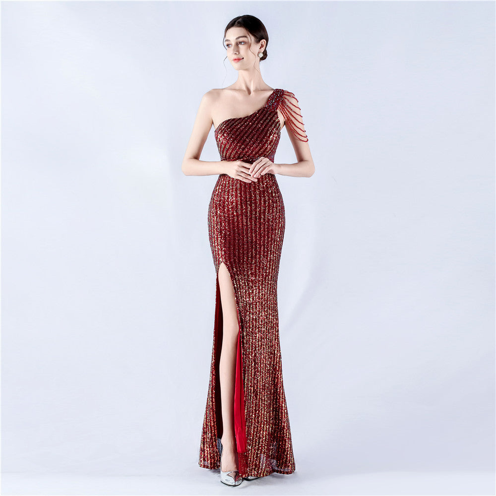Women Beaded One Shoulder Slash Shoulder Split sequined evening dress