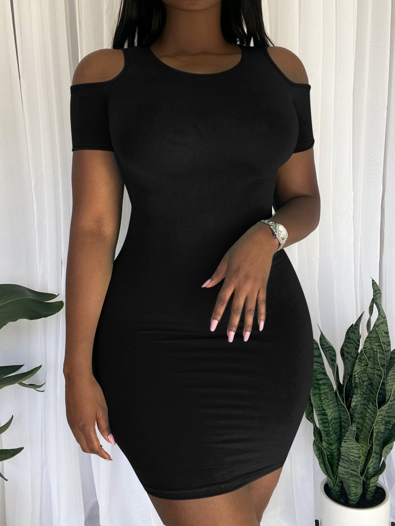 Women's Clothing Sexy Fashionable Solid Color Cutout Short Sleeve Bodycon Dress