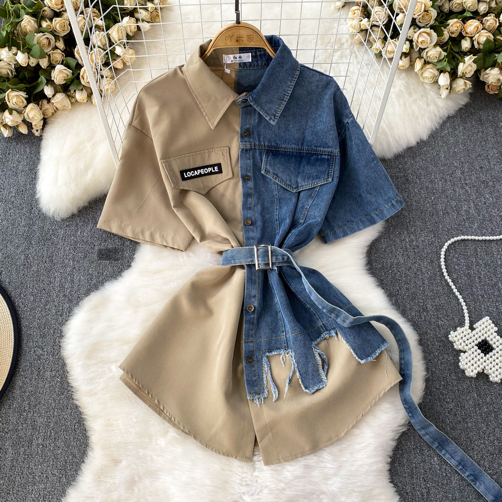 Color Block Turndown Collar Slim Waist A-Line Single Button Denim Shirt Irregular T-Shirt Dress 4