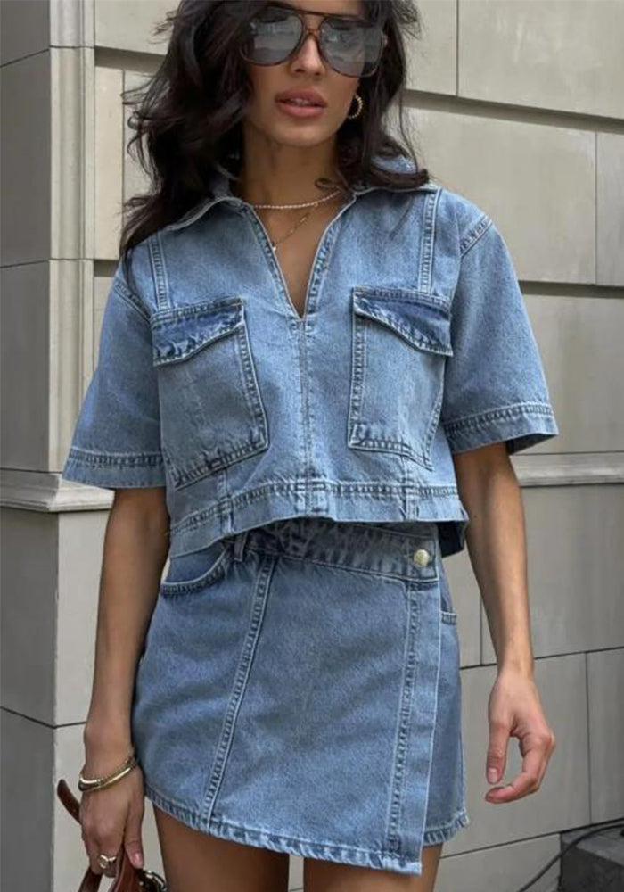 Women Summer V-Neck Short Sleeve Top Summer Women High Waist Irregular Shorts Two Piece Set