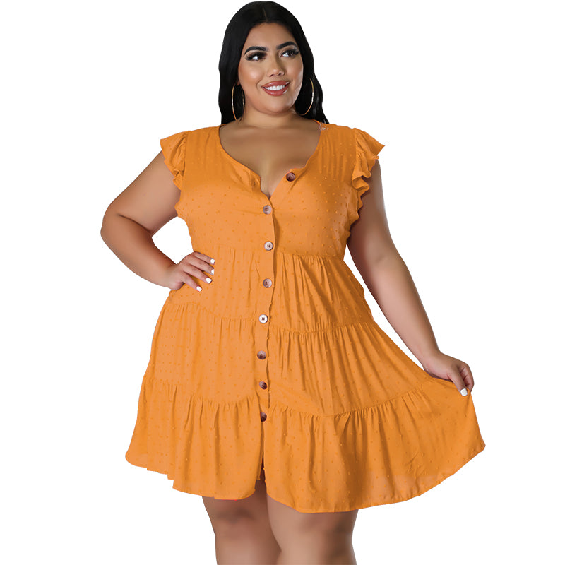Plus Size Women's Solid Color Ruffled Short Sleeve Button Up Casual A-line Dress 20