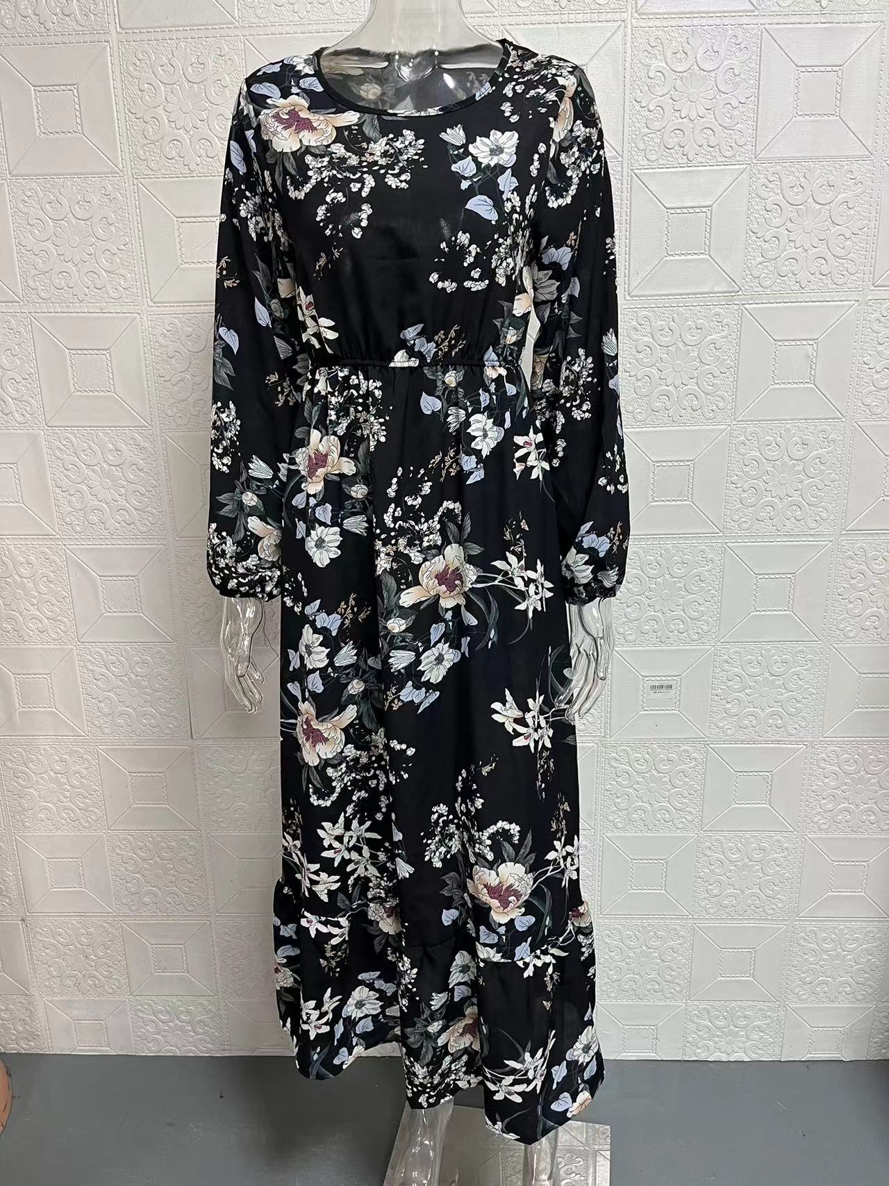 Women Long Sleeve Printed Round Neck Floral Dress 11