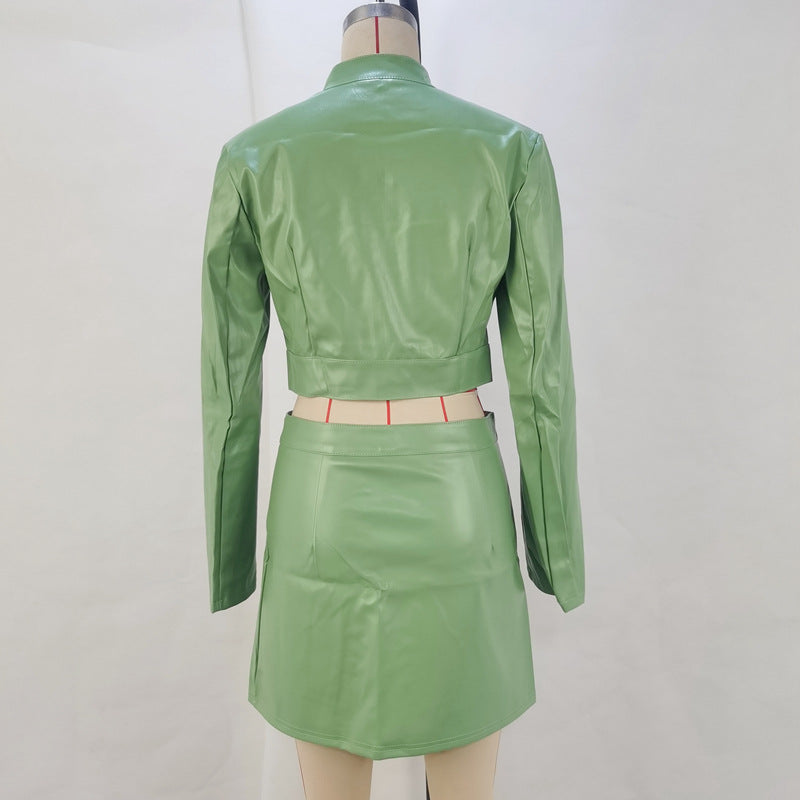 Women's Autumn Fashion Long Sleeve Crop Zipper Pu Jacket Bodycon Skirt Set for Women 14