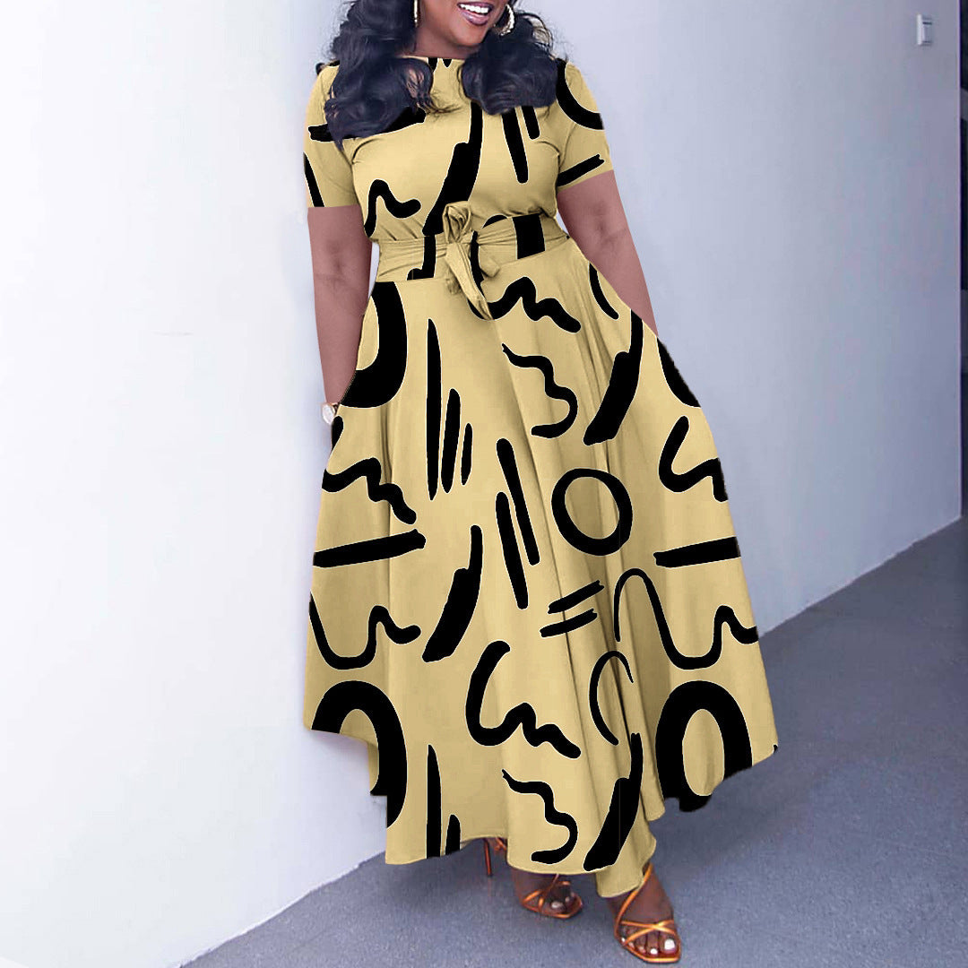 Women's Fashion Chic Tie-Waist African Plus Size Short Sleeve A-Line Dress 11