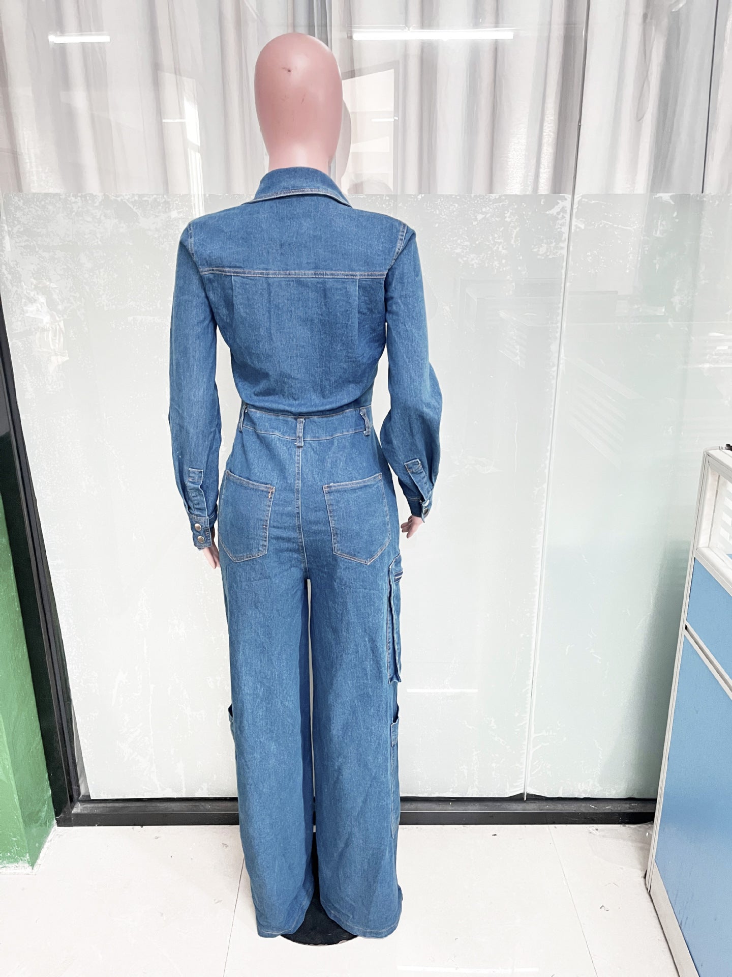 Women Stretchy long sleeve Cargo Denim Jumpsuit 7
