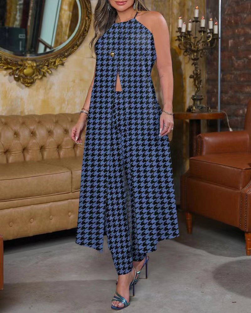 Spring And Summer Chic Halter Neck Sleeveless Houndstooth Printed Loose Top High Waist Pants Two Piece Set 13