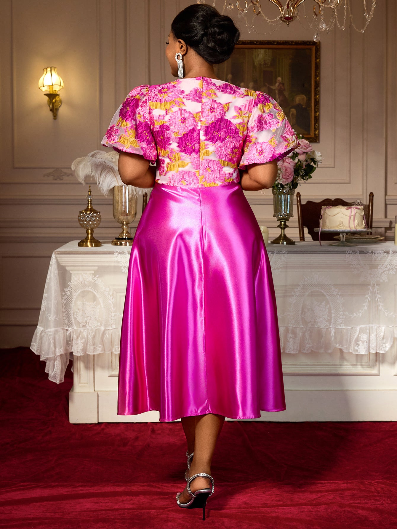 Plus Size Women's Floral Jacquard Satin Patchwork Midi Dress Slash Shoulder Puff Sleeve Formal Gown