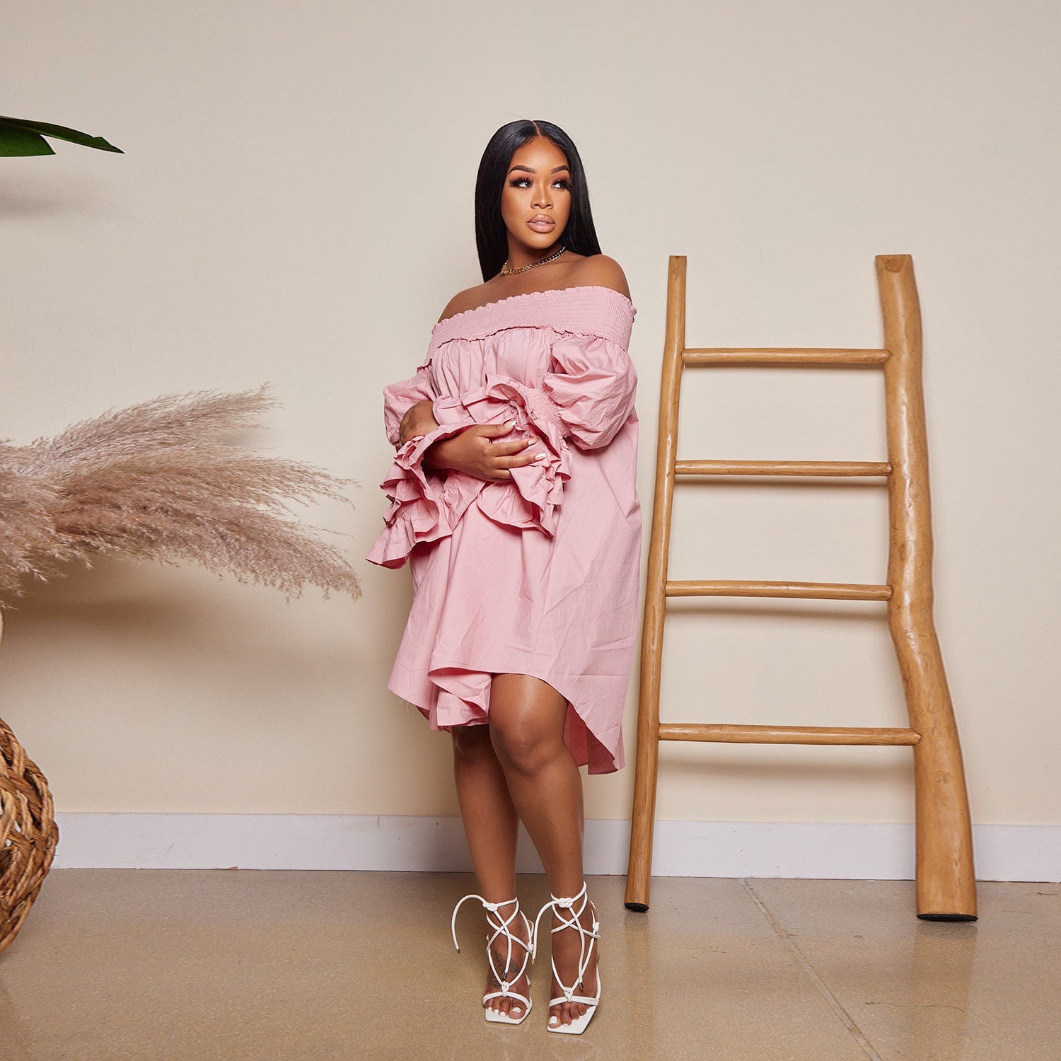 Summer Solid Off Shoulder Ruffled Long Sleeve Loose Casual Dress 7