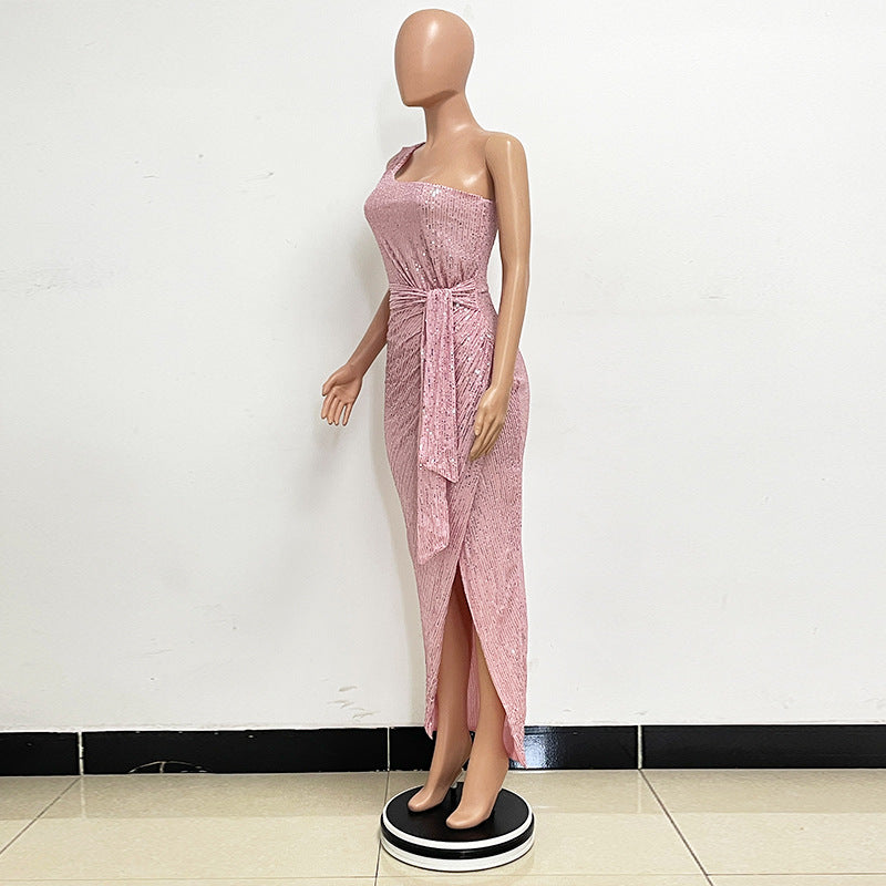 Women's One-Shoulder Lace-Up Sequined Evening Dress 47