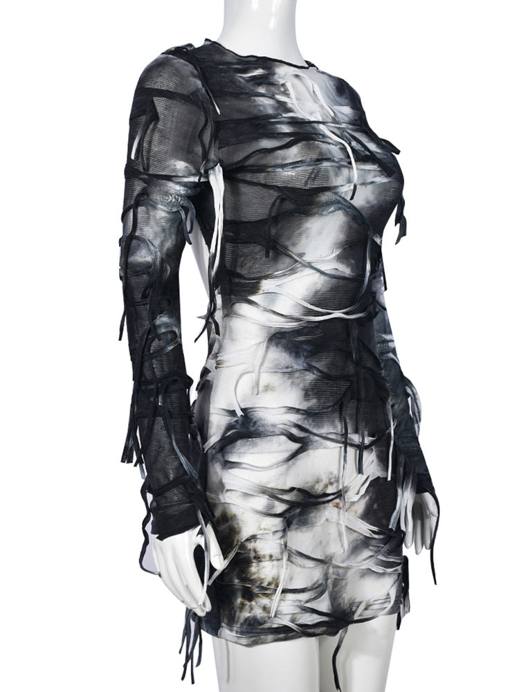 Women Tie Dye Long Sleeve Fringe Sexy Backless Bodycon Dress 3