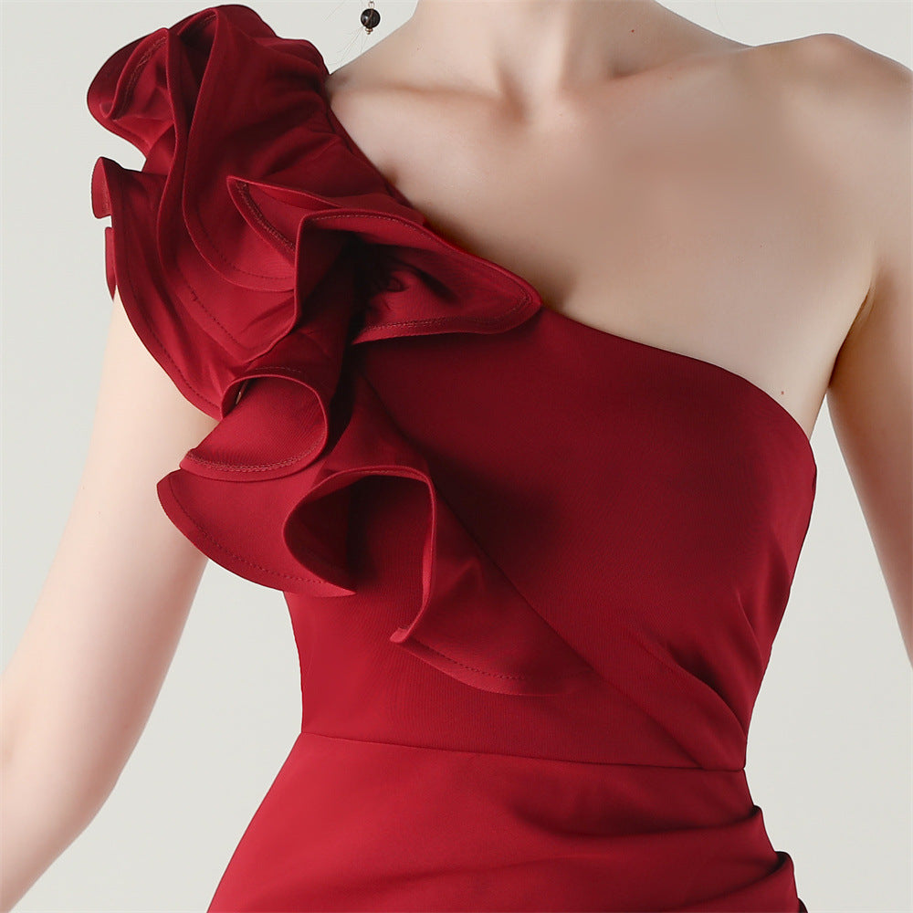 Women One-Shoulder Beaded Wool and Floral Satin Slit Sexy Evening Dress 50