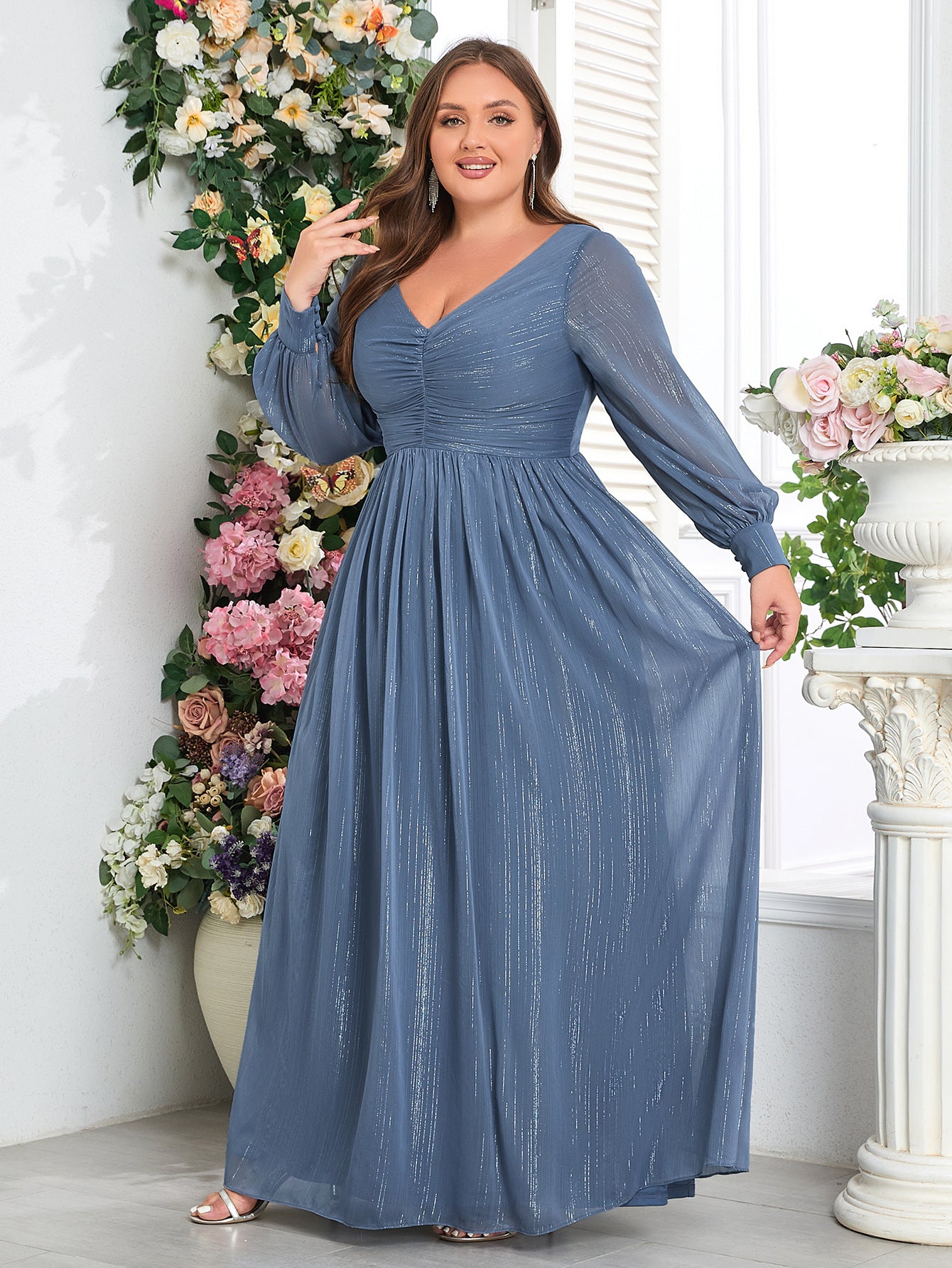 Plus Size Women Long Sleeve Double V-Neck Pleated Evening Dress 4