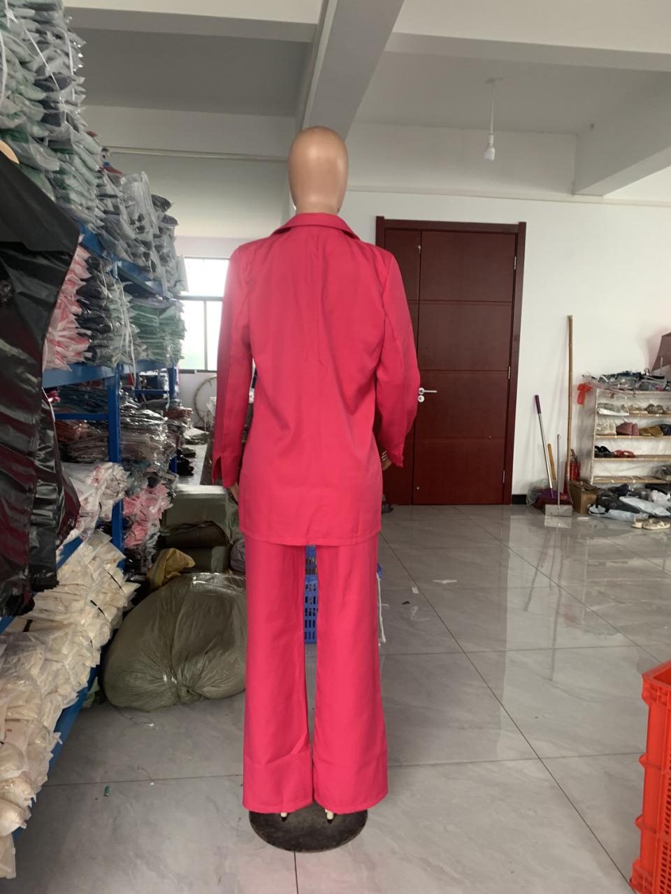 Women Elegant Solid Slit Sleeve Turndown Collar Blazer and Straight Pants Two-piece Set 10