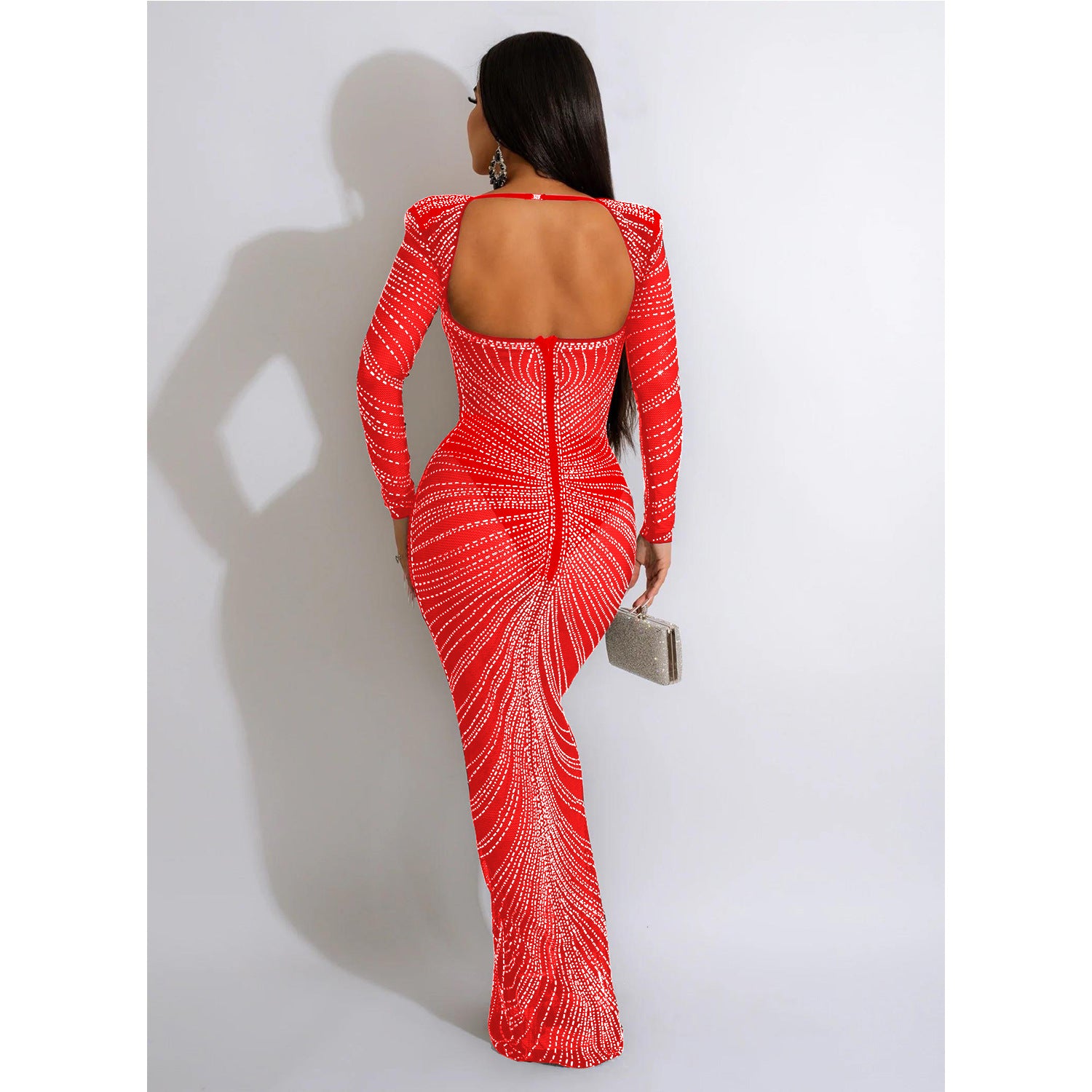 Fashion Women'S Rhinestone Beaded Mesh See-Through Long-Sleeve Backless Evening Party Long Dress 11