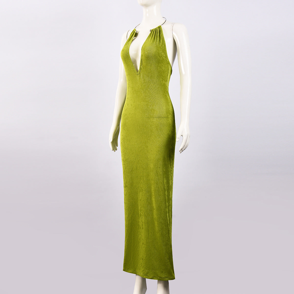 Women Sexy V-Neck Metal Halter Neck Maxi Dress 9