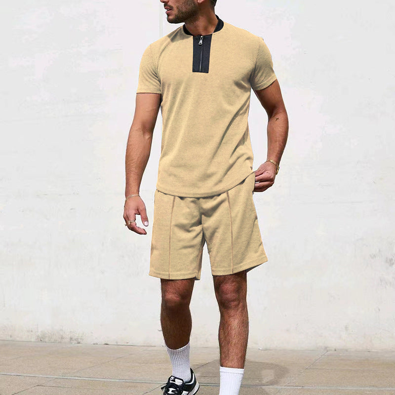 Men Casual Zip Short Sleeve Shorts Athletic Two-Piece Set
