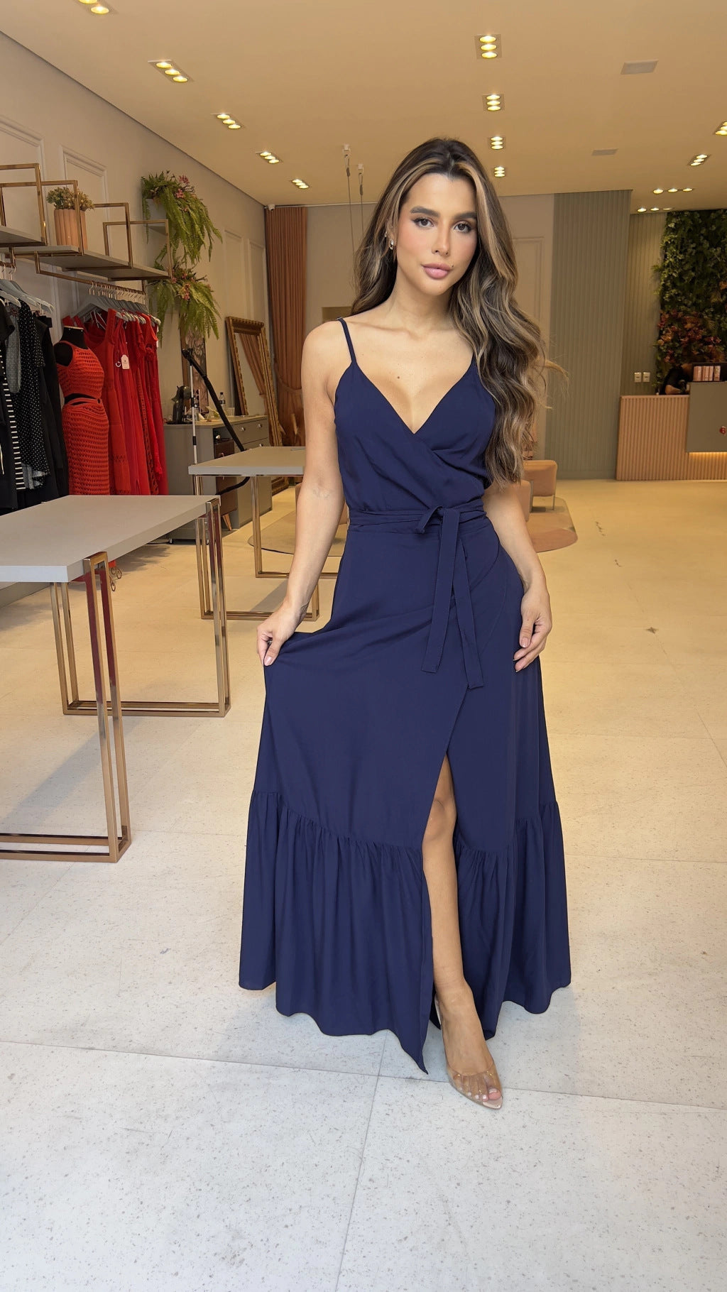 Women Suspender V-neck Tie-up Ruffled Slit Maxi Dress 3