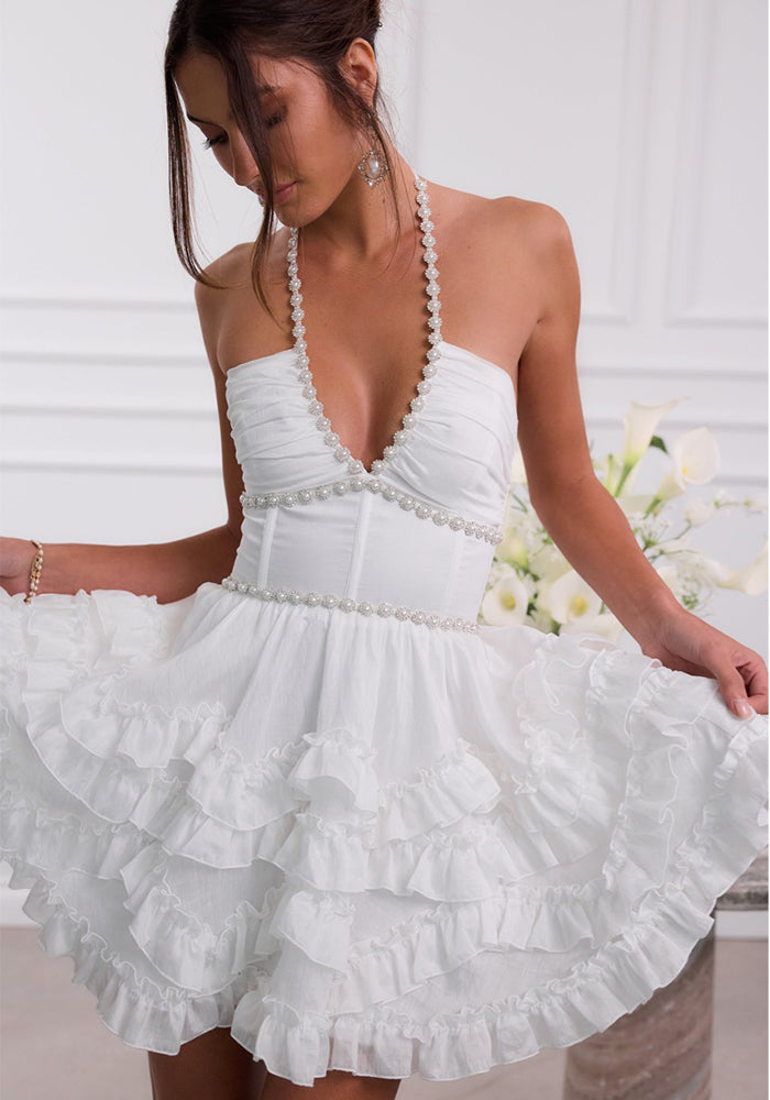 Women French Sexy Lace-Up Halter Neck White Dress