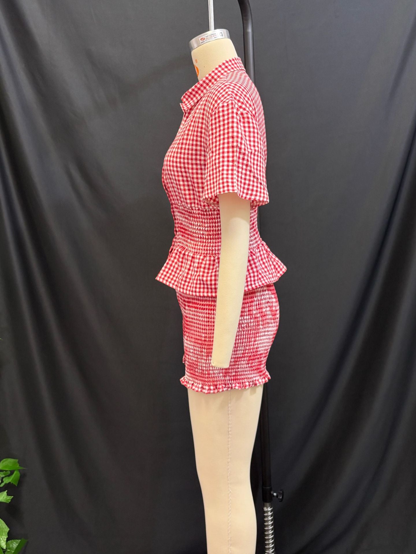 Summer sweet red and white plaid short-sleeved turndown collar shorts set 7
