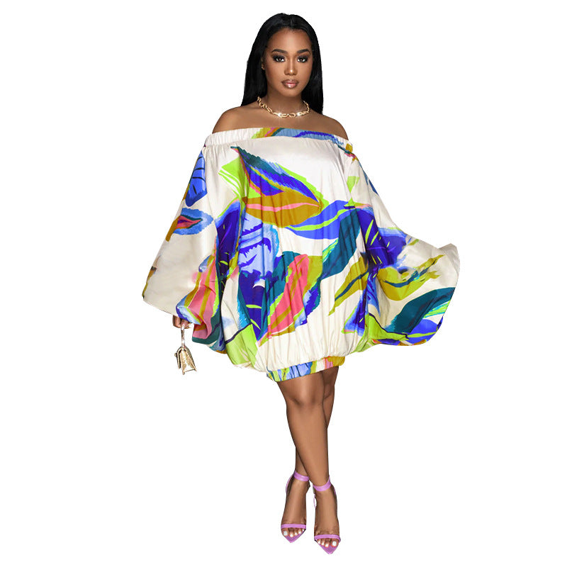 plus size off shoulder printed bat long sleeve loose dress