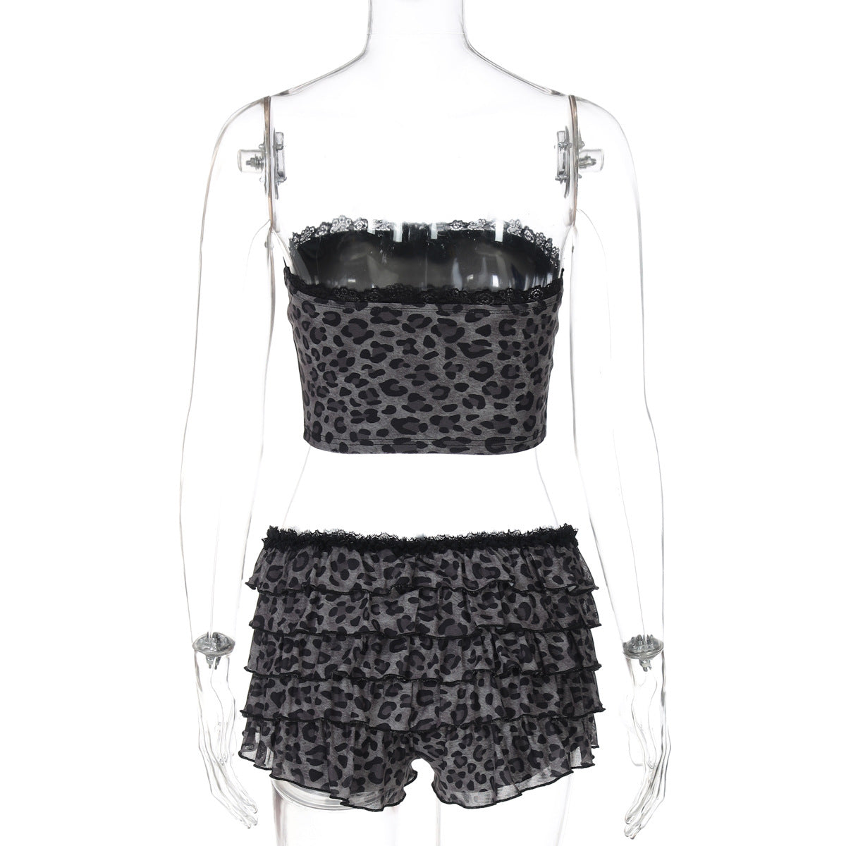 Women Summer Mesh Pleated Patchwork Leopard Printed Wrap Top and Shorts Two Piece Set 9