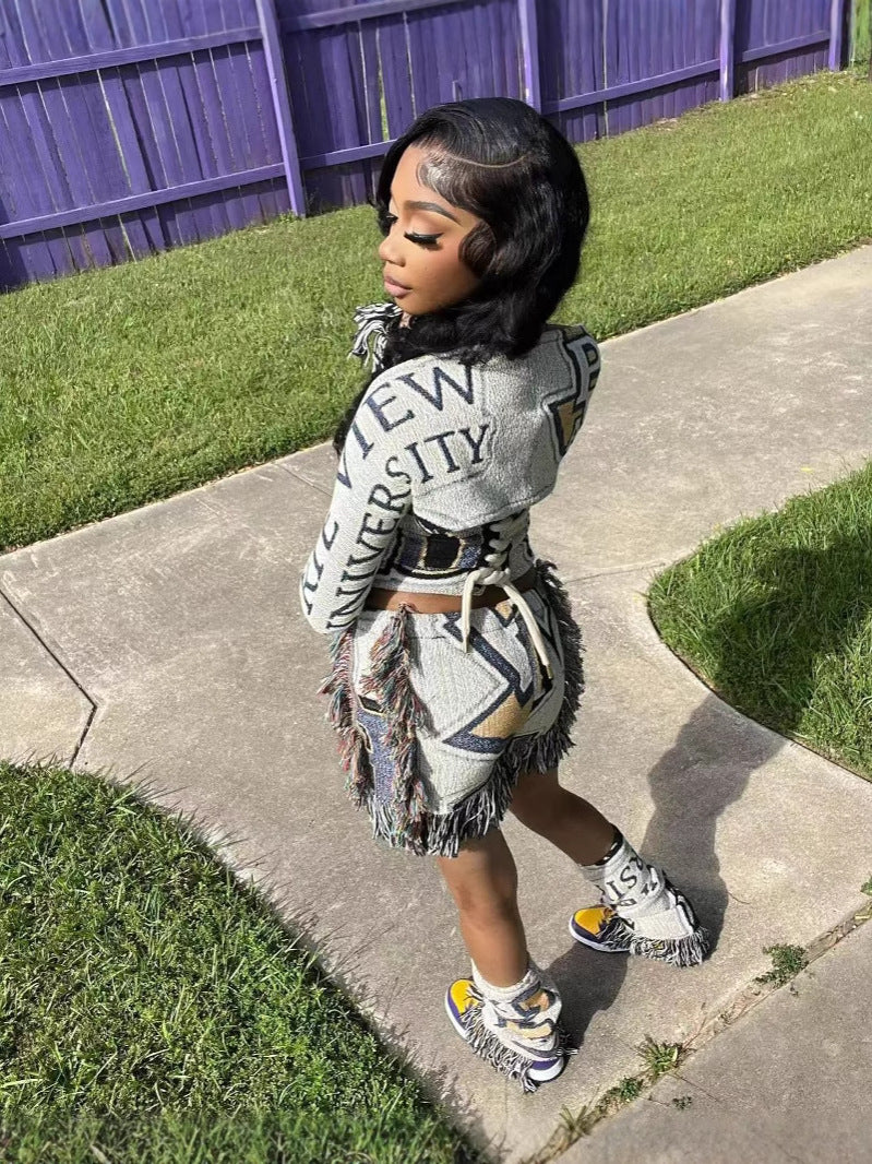 Women casual multi-color print tassel shorts 5