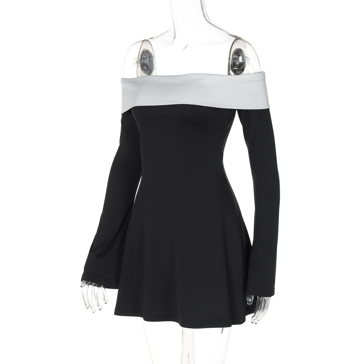 Women's autumn color matching Strapless Off Shoulder Slim Waist short dress 8
