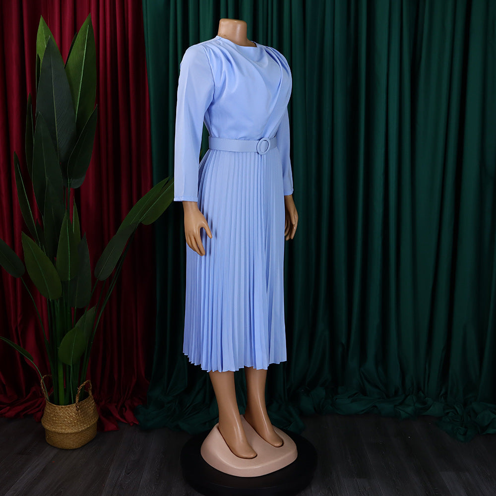 Plus Size African Women Chic Elegant Pleated Career Solid Dress 25