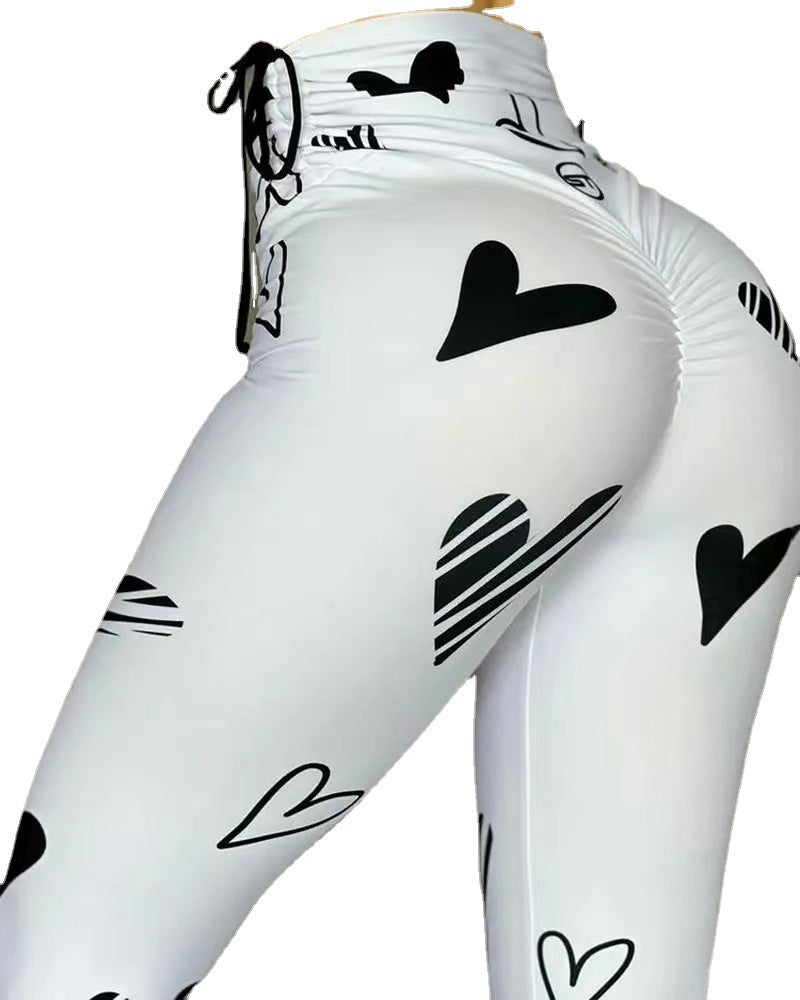 Women's Drawstring Heart Printed Yoga Exercise Butt Lift Fitness Basic Pants 6