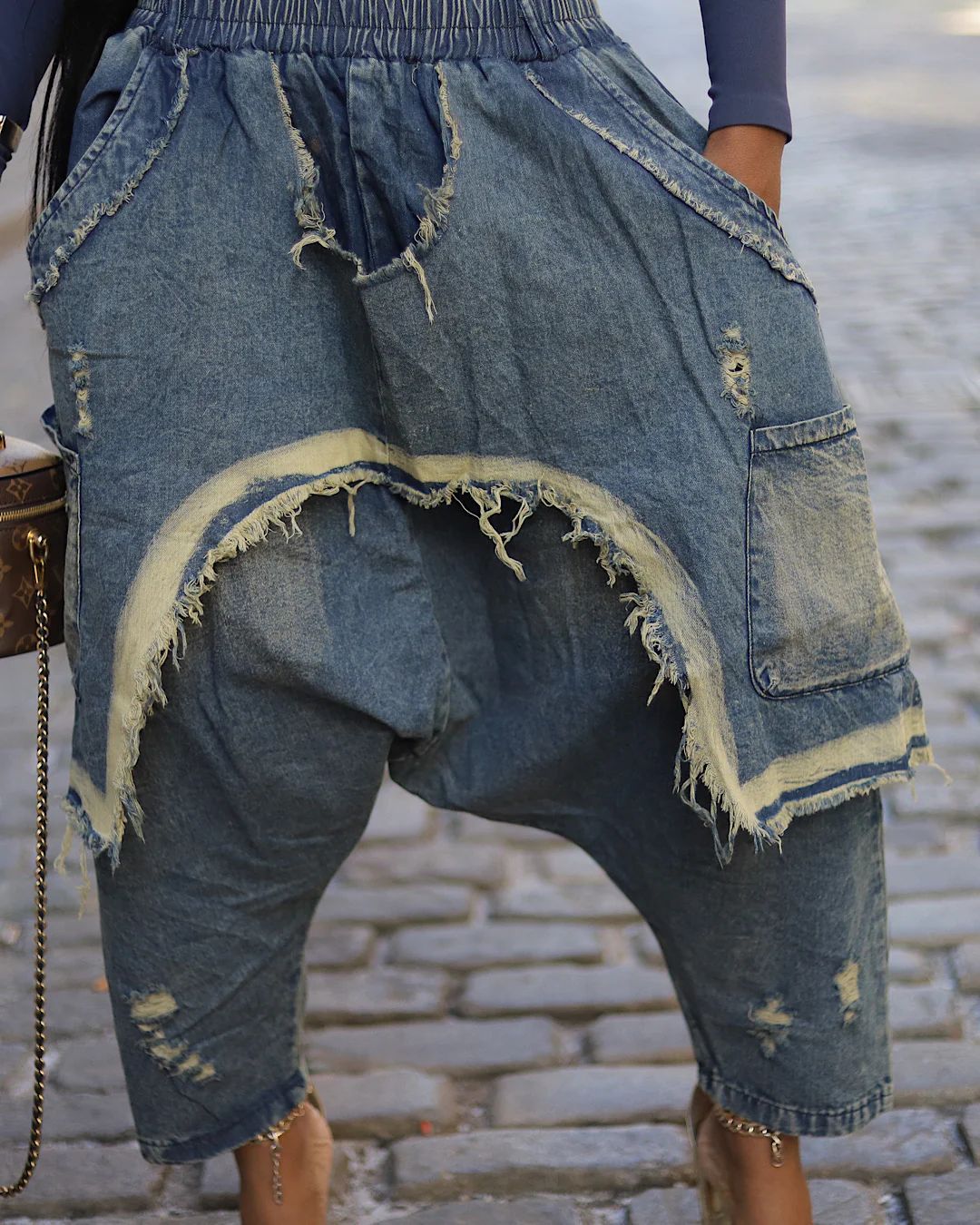 Women's Fashion Washed Ripped Loose Denim Patchwork Pants 7