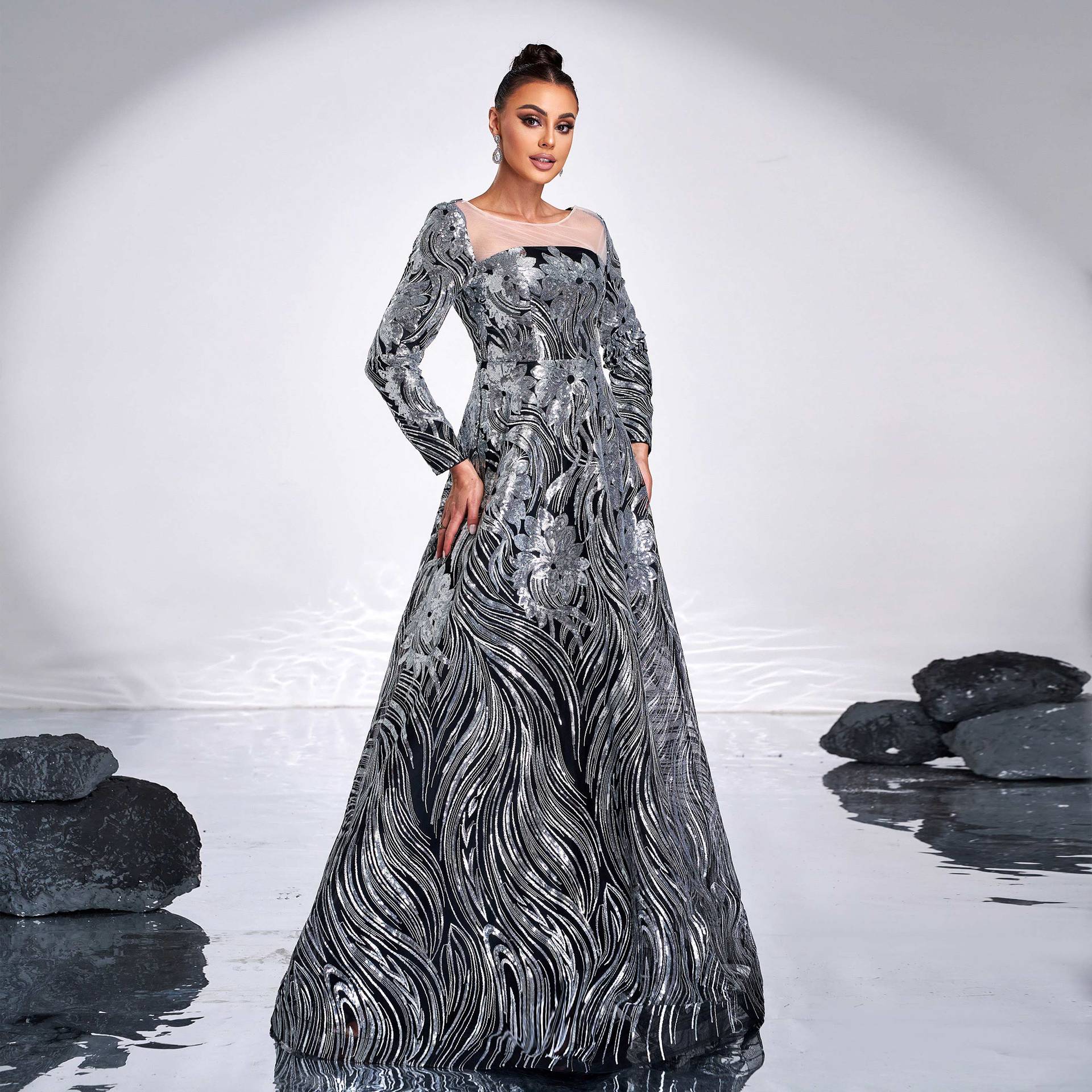 Luxury Long Sleeve Round Neck Formal Party A-Line Sequin Evening Dress Women Bridesmaid Gown