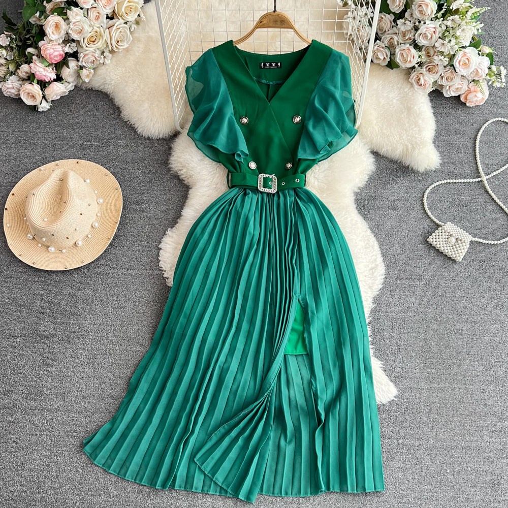 Women Contrast Color Flying Sleeve Collar Slit Pleated Dress 4