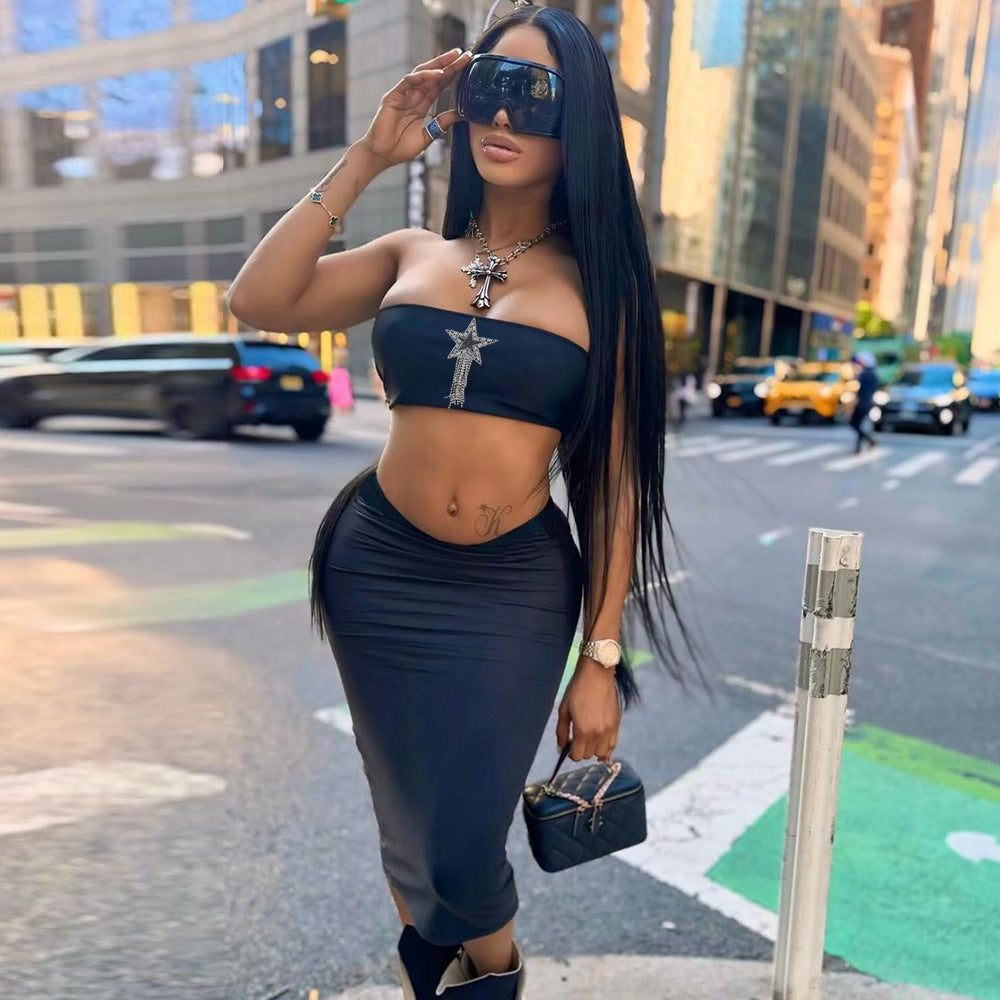 Women summer crop backless Beaded Strapless Top and Skirt Two-piece Set 6