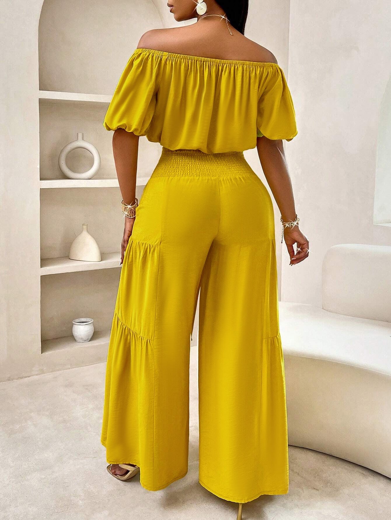Women Short Sleeve Top Lace-Up Pleated Wide Leg Pants Two Piece Set 3
