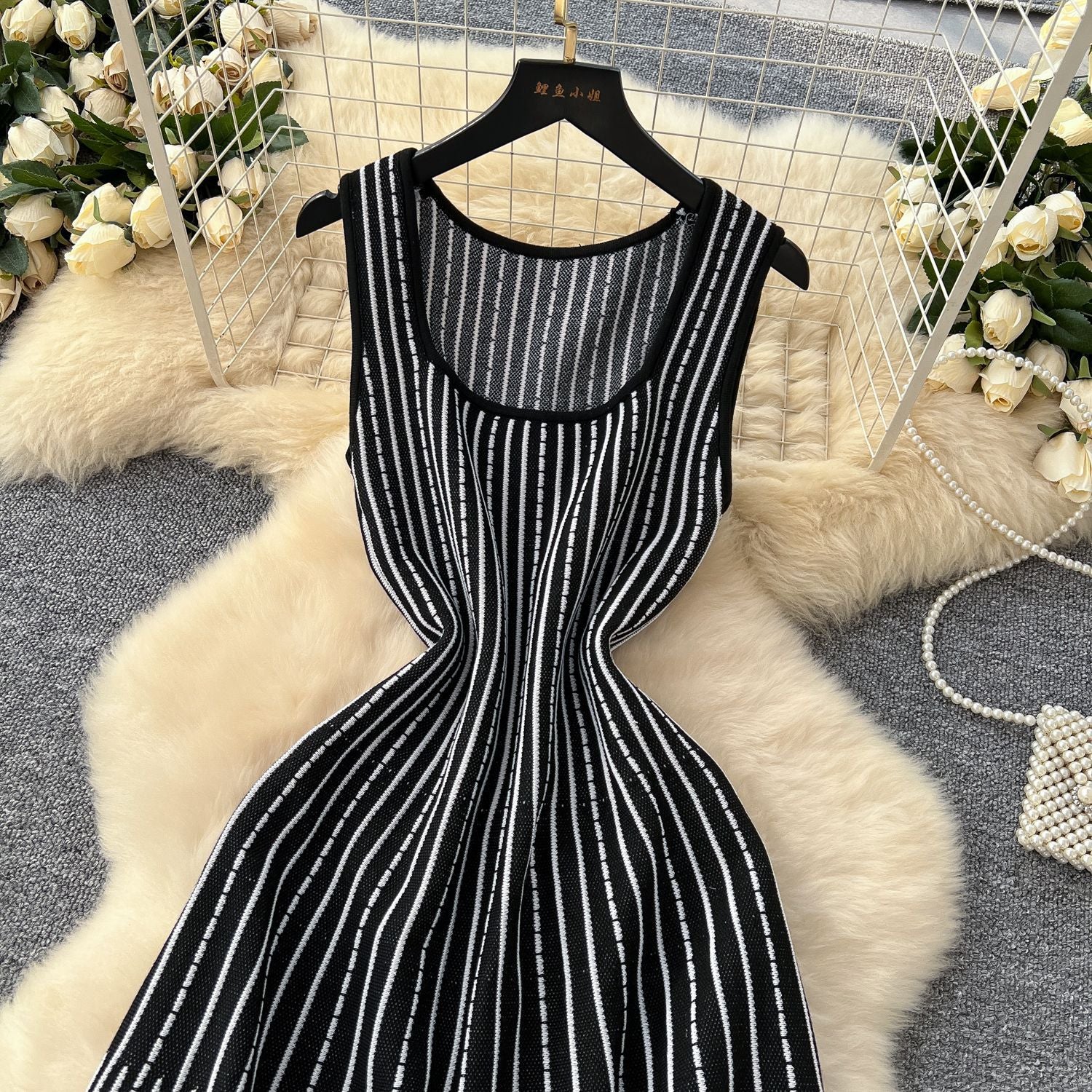 Women's Summer Square Neck Sleeveless Striped Slim Knitting Dress 11