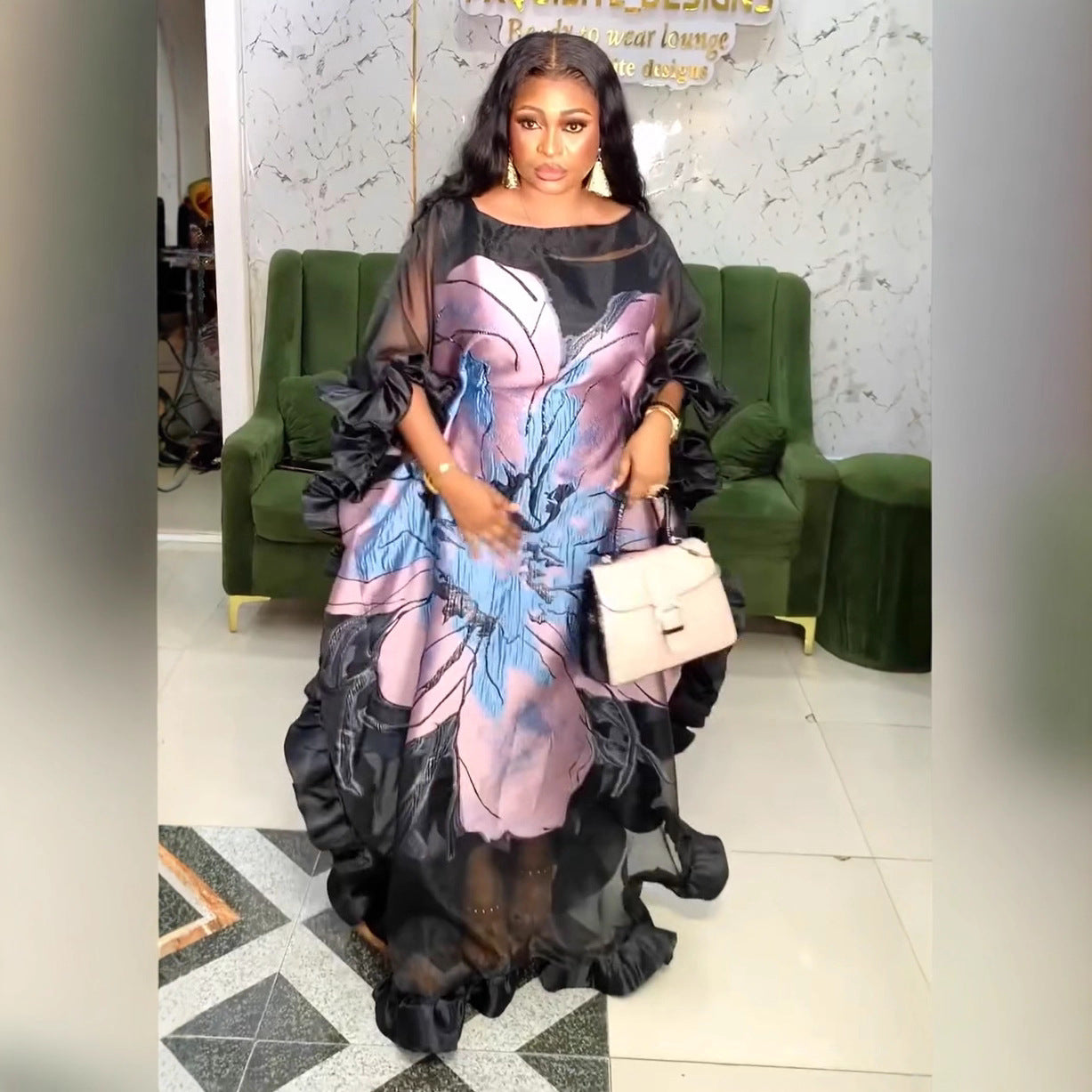 African Women's Plus Size Organza Dress Printed Robe Dubai 8