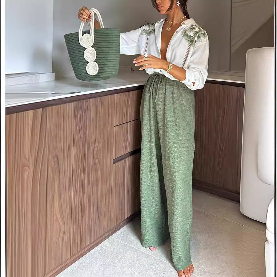 Spring Autumn Print Long Sleeve Single-Breasted Shirt Trousers Set Casual Loose Two-Piece Suit 6